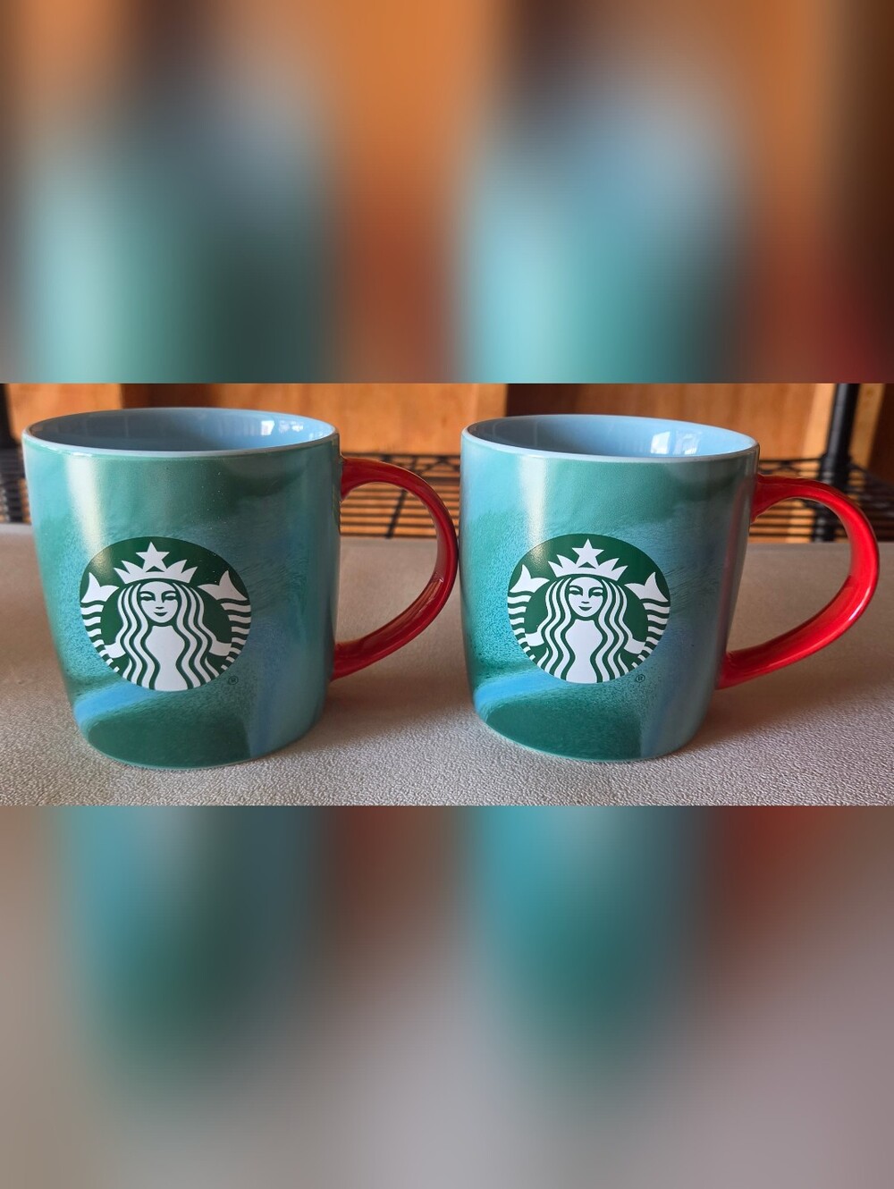 Starbucks Teal Ceramic Mugs with Red Handle and Logo